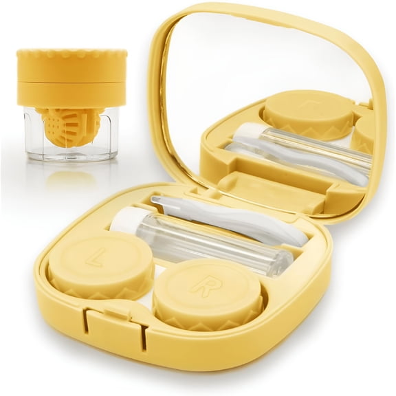 XIRQI Contact Lens Case with Hygienicer Washer,Travel Size Contact Lenses Applicator Removal Tool Kit with Mirror Solution Bottle for Daily Outdoor (Yellow)