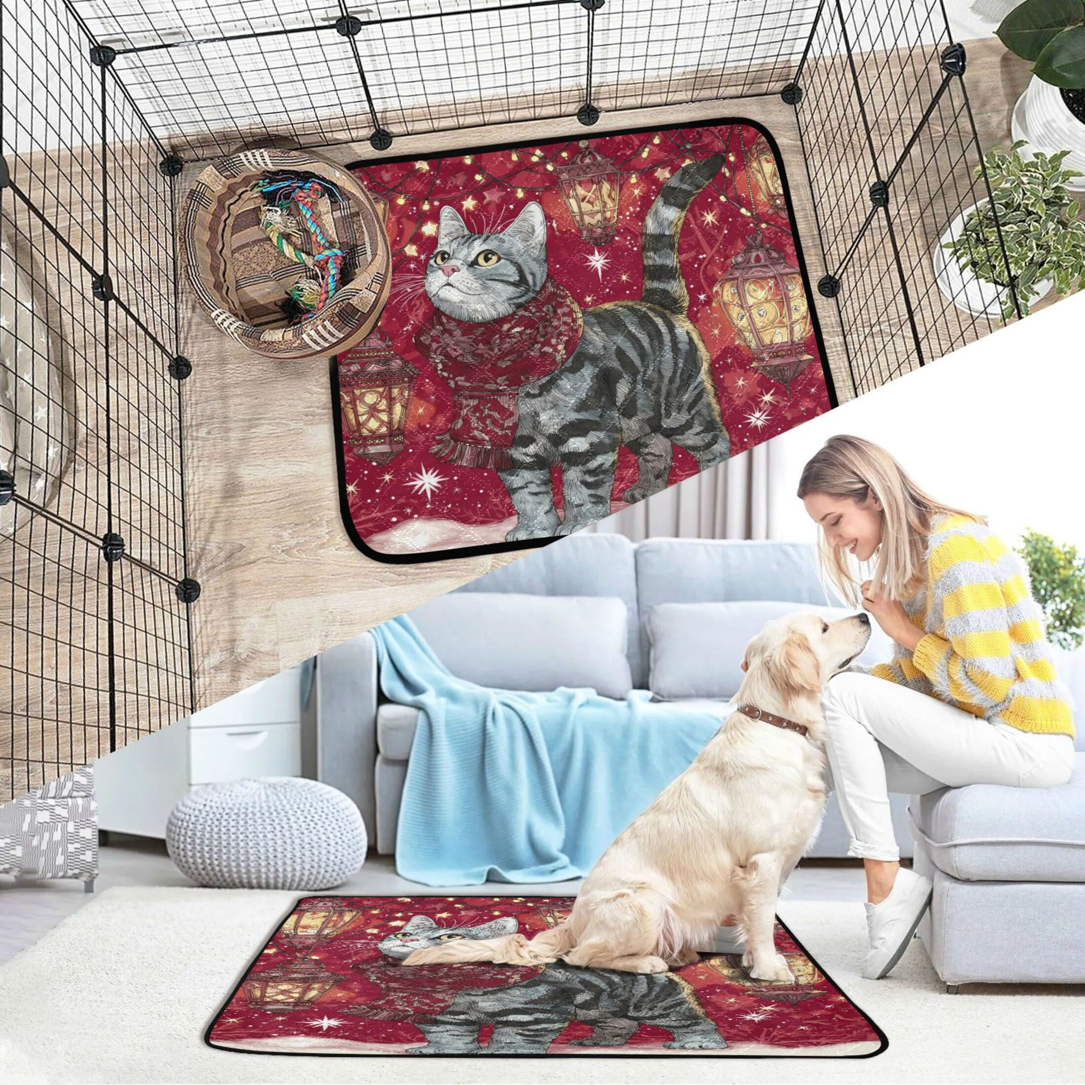 Qxltty Christmas Tabby Cat Cat litter Pads Pet Set of 2 Diaper Mats Center Anti-leakage Layer Absorbent Soft and Comfortable