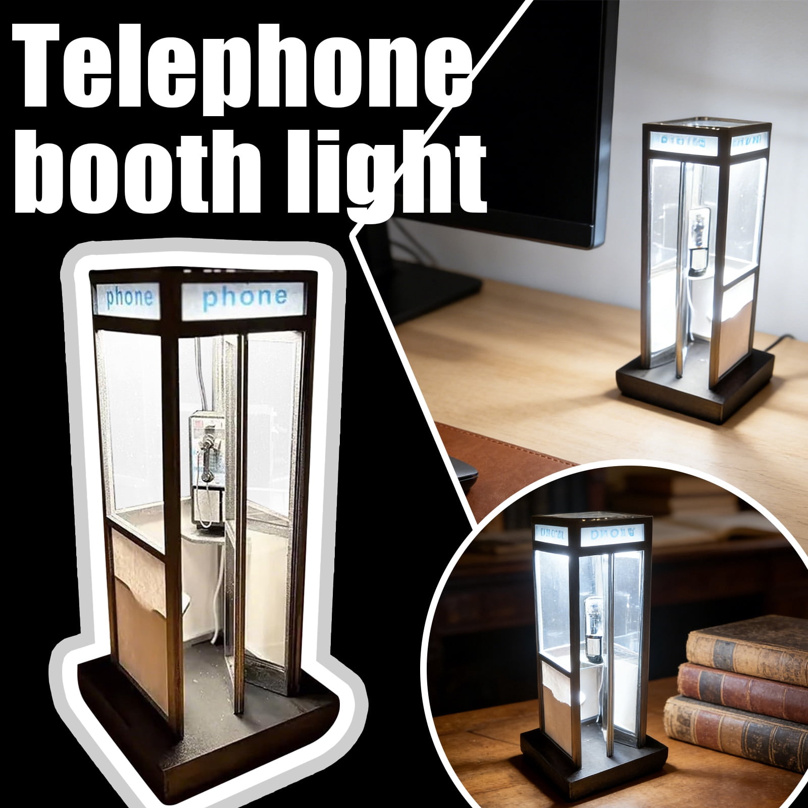 Retro Vintage Phone Booth Table Lamp, Tall Telephone Box Decorative Night Light with Warm LED Light for Bedroom Office Desk, Classic Phonebooth Lamp Home Decor Gift for Living Room Study