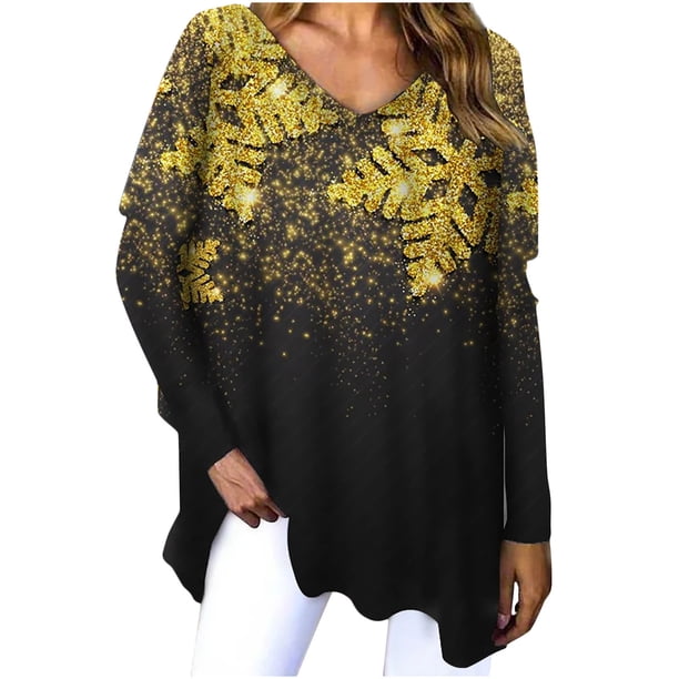 Camisas informales de manga larga para mujer, jersey, túnica suelta, blusa con cuello en V y estampado navideño Fridja fhghd2736