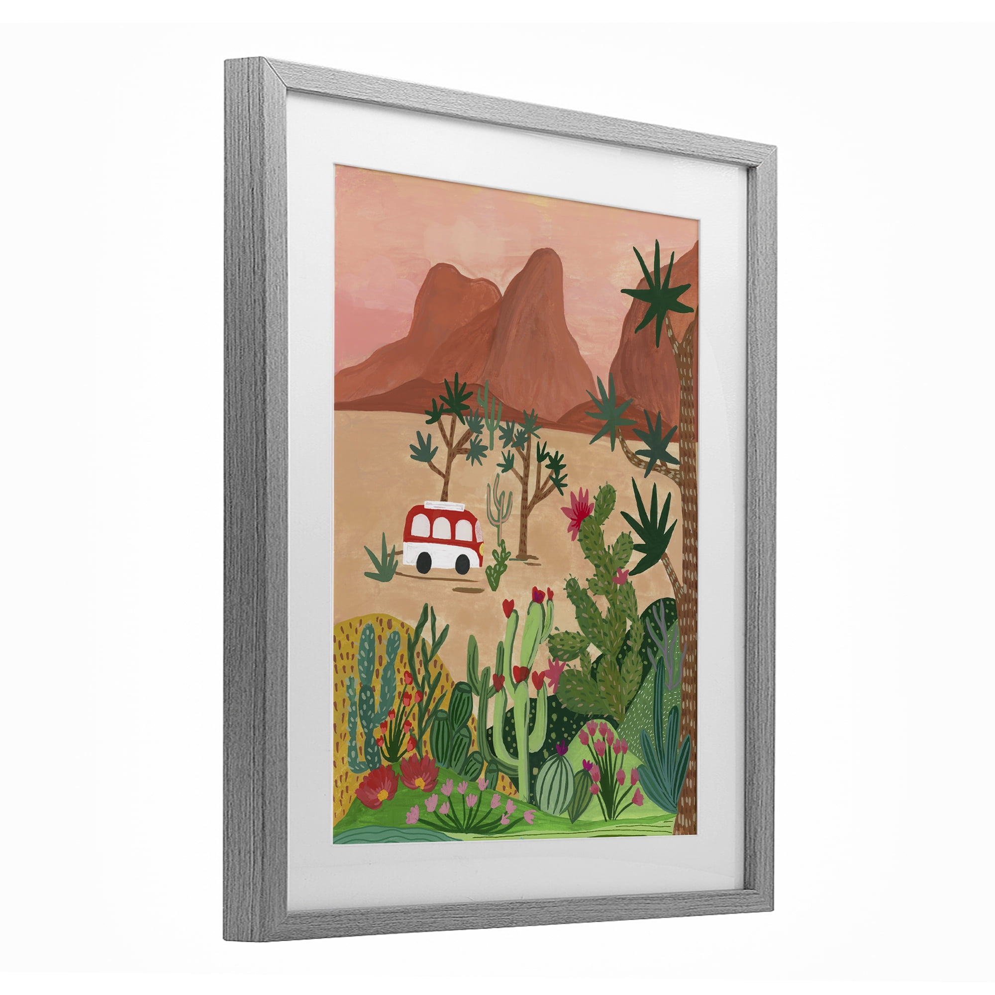 Desert Camper & Cacti Gray Framed Print Under Glass, design by Nabeela Rumi