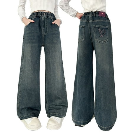 

QUDDERR 3-13Y Kids Girls Straight Jeans Wide Leg Bottoms for Girls Autumn Love Embroidered Straight Leg Slacks