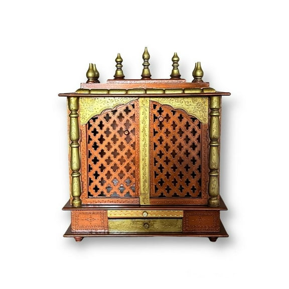 Puja Mandir For Home And Office / Wall Hanging Wooden Temple With Doors / Table Top Mandir / Pooja Mandap / Devghar / Brown Wooden Temple