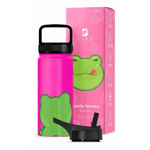 Botella de Agua para Niños 532ml Ranita | Con Asa, 2 Tapas, 2 Popotes y Cepillo | Libre de BPA | B Life