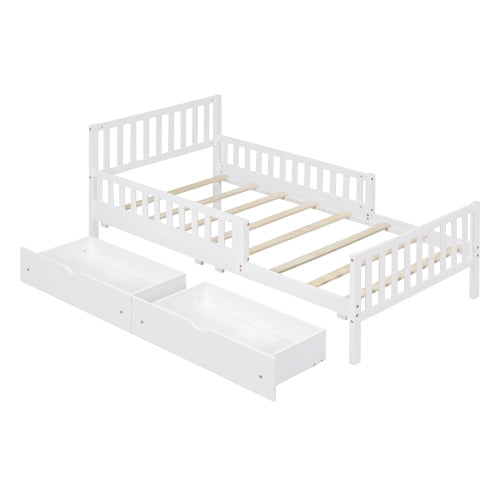 Euroco Wood Twin Size Platform Bed with Guardrails and Drawers for Kids Teens Toddlers, White