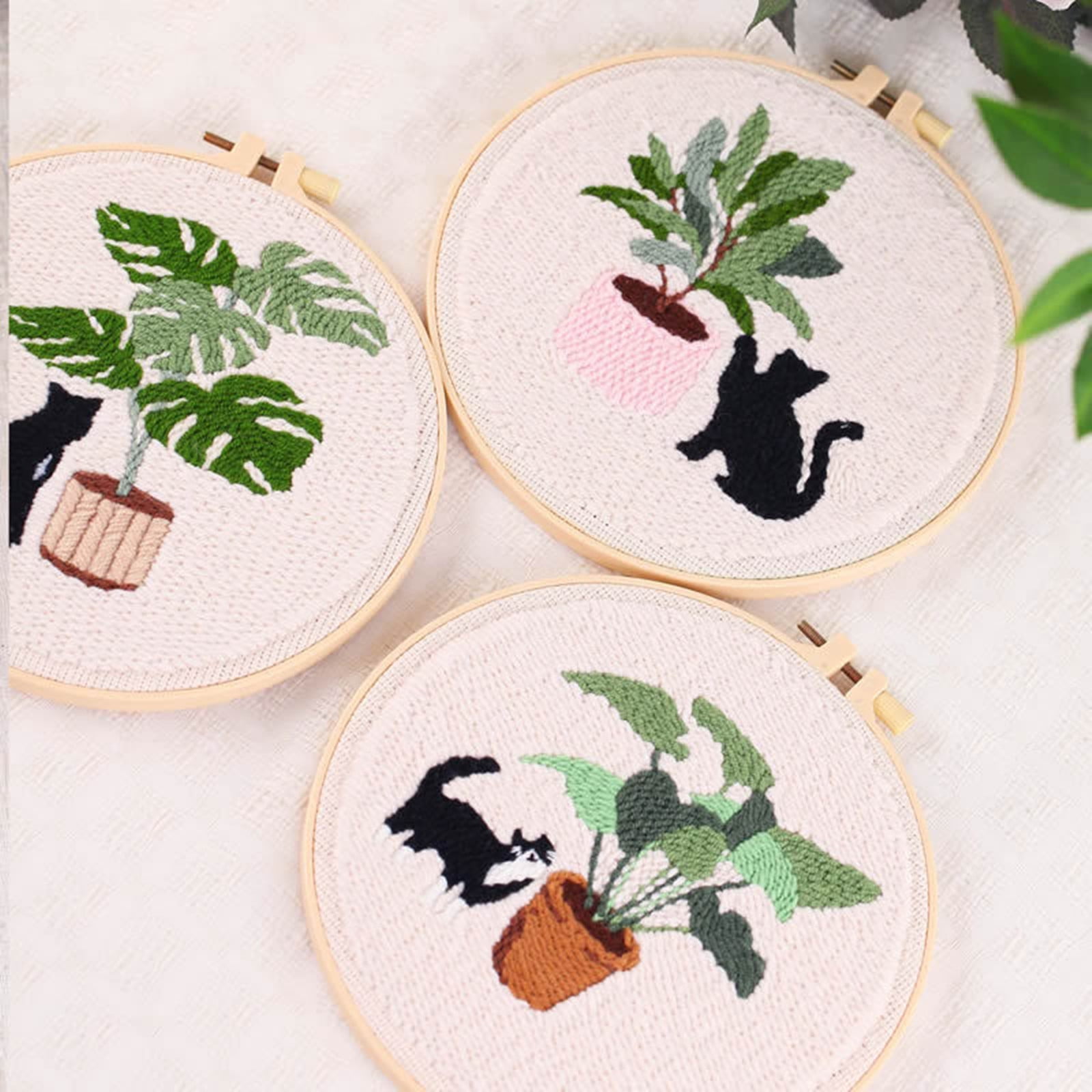 Historyli Go5H Punch Needle Kits For Beginners, Cute Cat And Green Plant Themed Punch Needle Embroidery Starter Kits With Punch Needle Fabric And Embroidery Hoops