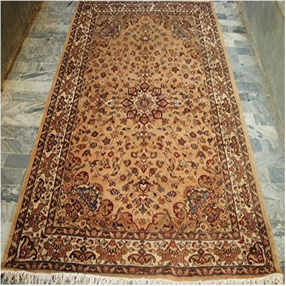 Ahmedani Linen Rectangle Area Rug Beige Tan Flowral Home Decor Bed Room & Living Room Hand Knotted Silk Wool Carpet (8 x 5)'