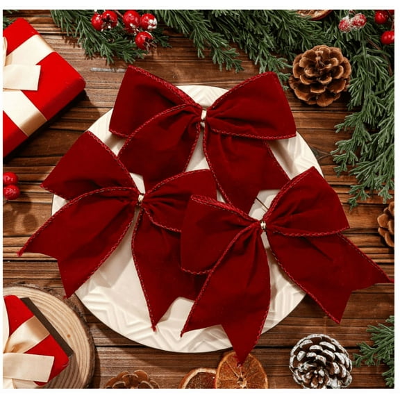 3Pcs Christmas Velvet Bows Rustic Wreath Gift Bows Vintage Xmas Velvet Ribbon Bow Ornaments for Christmas Farmhouse Tree Garland DIY Craft Wrapping Decor - Red(6" x 6")