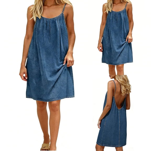 Lovzfmll Denim Thin Spaghetti Strap Backless Pleated Casual Striped Mini Shift Dress for Women Loose Crew Neck Low Back Blue, XL