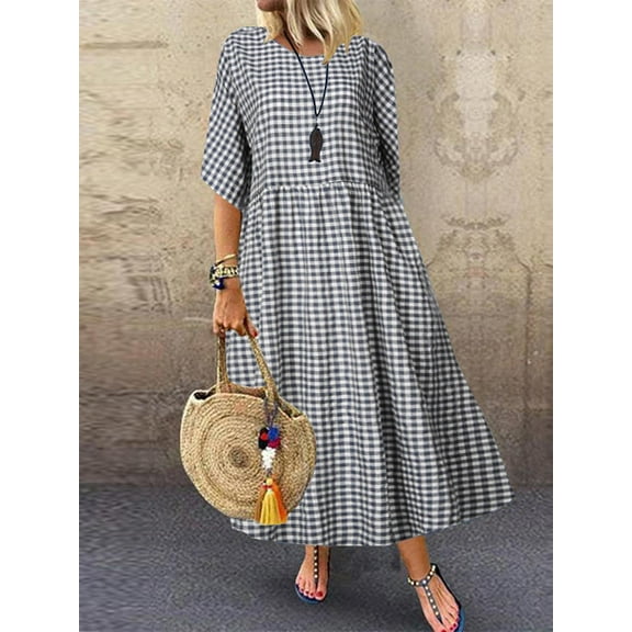 ZANZEA Women's Casual Plaid Printed Short Sleeve Dresses Tunic Dress
