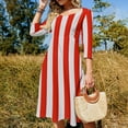 thumbnail image 4 of Red and white stripes Women's 3/4 Sleeve Dresses Elegant A-Line Midi Dress Flare Summer Casual Sundress, 4 of 9