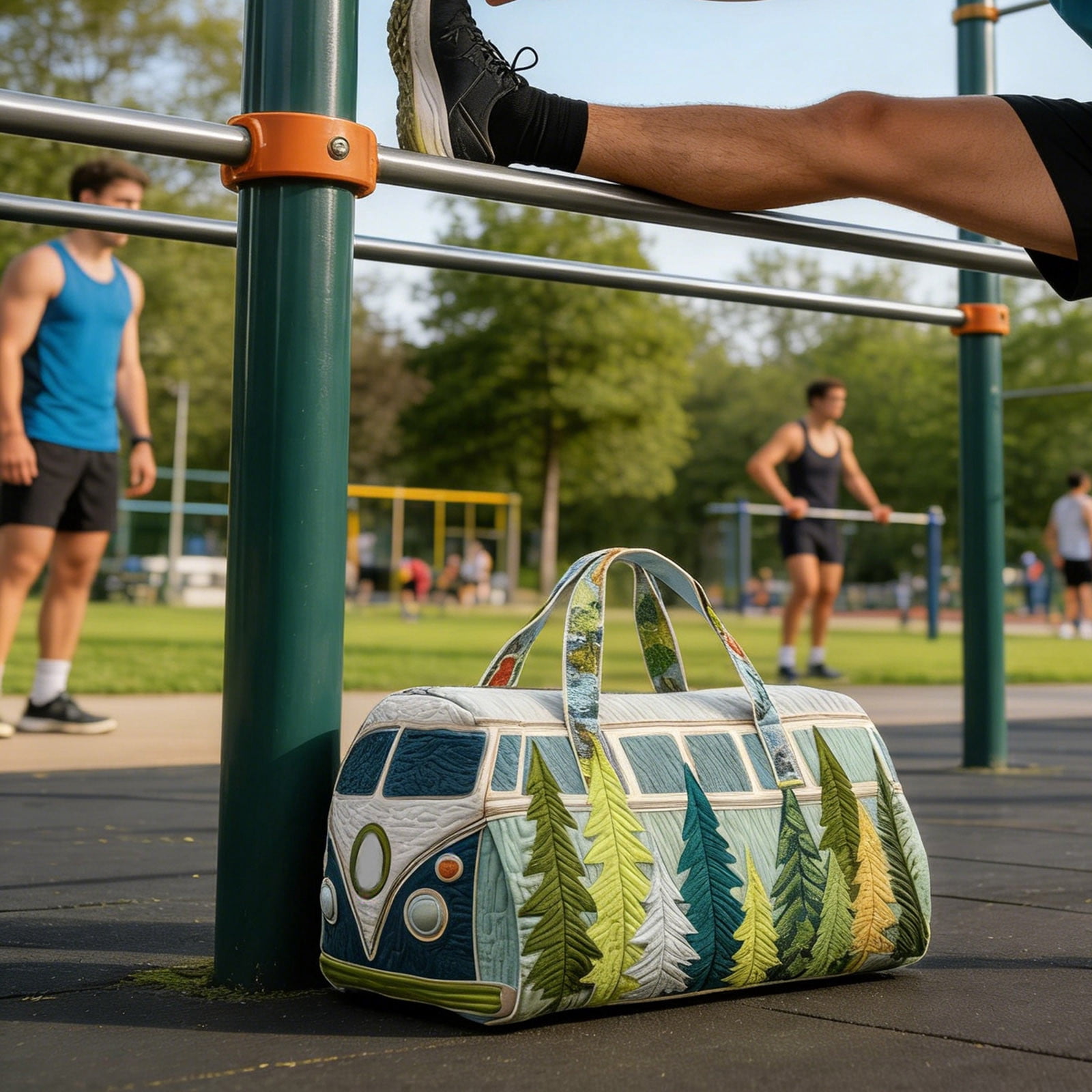 Hippie Van Quilted Duffle Bag, Boho Travel Weekender Bag with Adjustable Strap, Retro Bus Style for Everyday Travel (18*9*9inch)