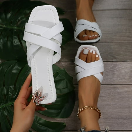 

Cathalem Leisure Roman Style Women s Solid Color Summer Non Slip Slip On Flat Beach Open Toe Sparkly Flip Flops for Women White 7