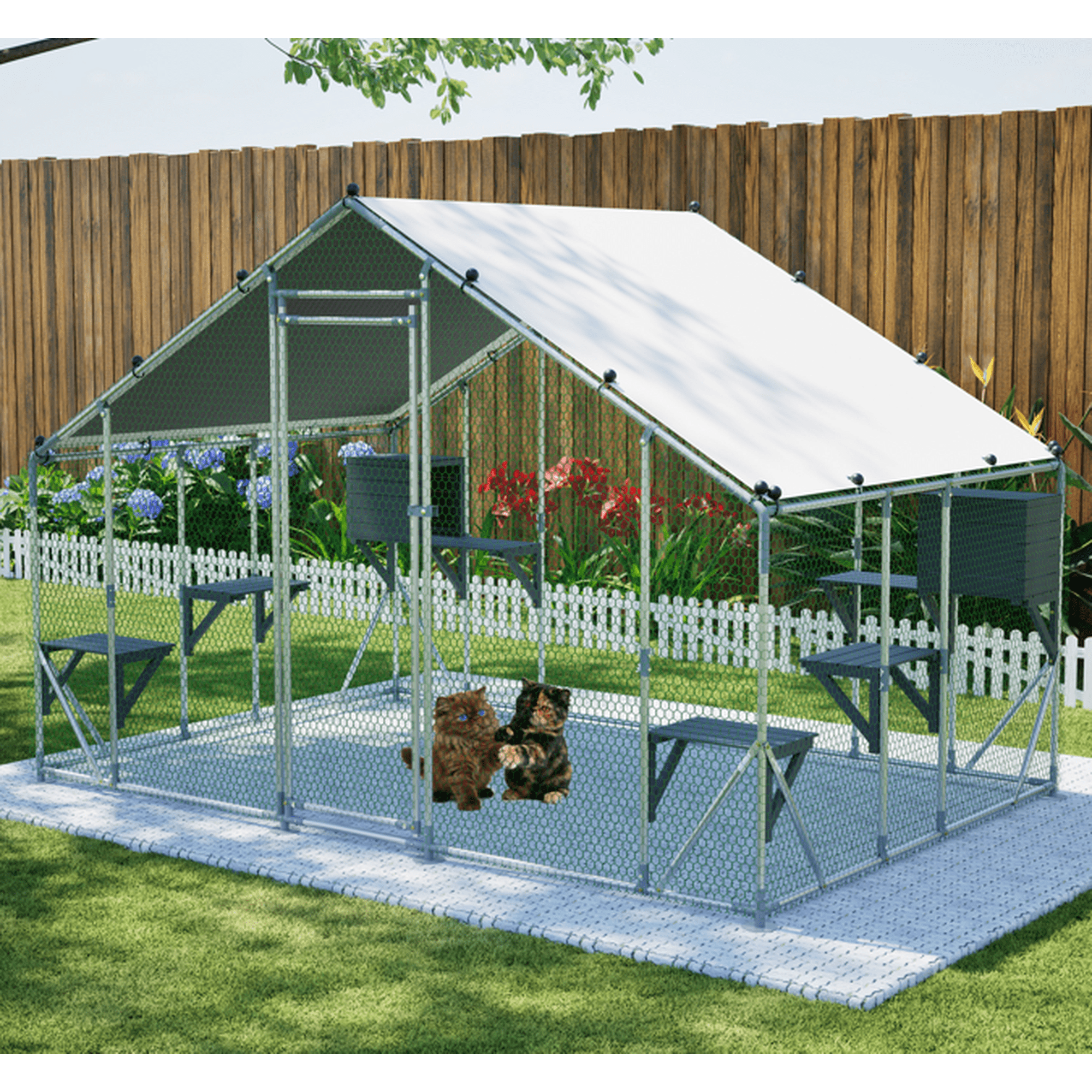 YIYADO Extra Sturdy 3x2m Outdoor Metal Cat Cage with DIY Solid Wood Platform, Double Safety Lock & Waterproof Tarp, Large Multi-Pet Enclosure for Cats, Dogs, Rabbits, Poultry