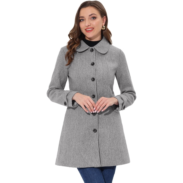 Abrigo Largo De Invierno Con Cuello Peter Pan Para Mujer Gris Sólido L