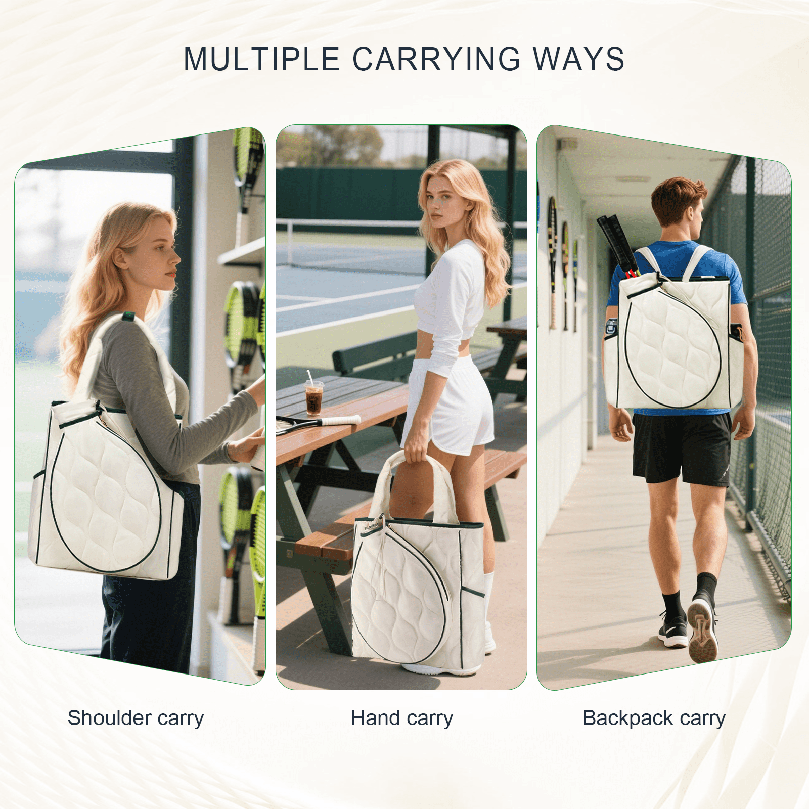 CCGTIOR 2-in-1 Tennis Tote Bag & Tennis Racket Backpack – Extra-Large Quilted Pickleball Racquet Bags, Water-Resistant & Lightweight for Men & Women (White)