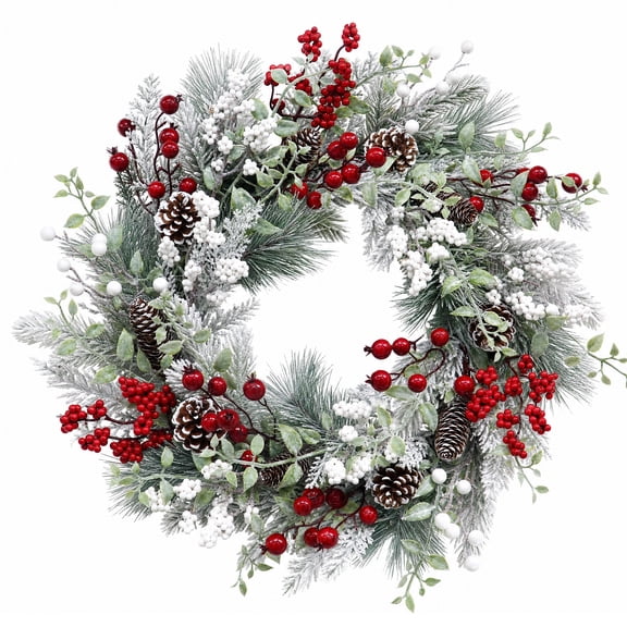 24 Inch Pre‑Lit Christmas Wreath, PVC Snow Flocked Wreath with 20 Warm White LED Lights Timer 8 Modes, Pine Cone Red White Berry, Weather Resistant Wreath for Front Door Indoor Outdoor Holiday Decor