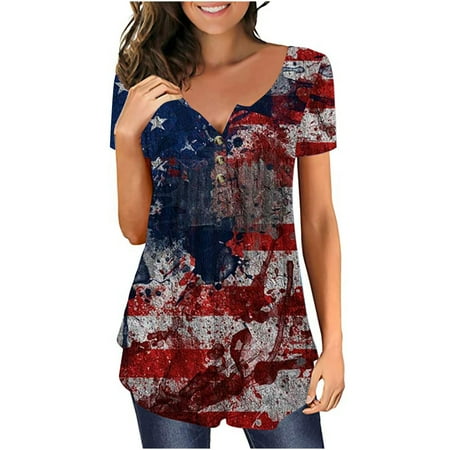 

4th of July Shirts for Women Summer Plus Size US Flag Button Down Crewneck Short Sleeve Henley Shirts Long Sleeve Corset Tops for Women