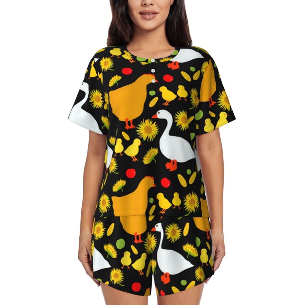 Balery Farm Goose Conjunto de Pijama para Mujer con Estampado, Dos Piezas de Manga Corta y Shorts, Ropa de Dormir Suave con Cuello Redondo y Bolsillos-Medium