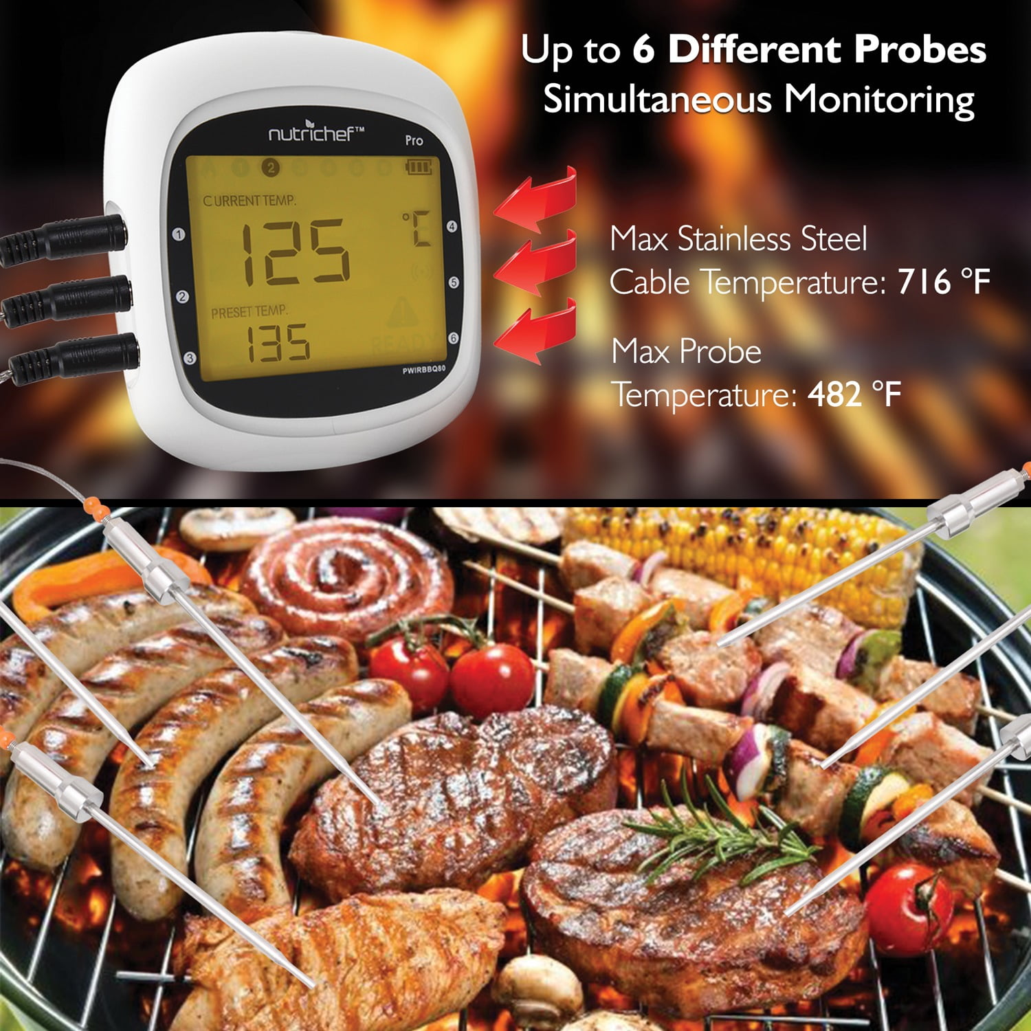  NutriChef Bluetooth Grill BBQ Meat Thermometer Digital Wireless  Grill Thermometer, Timer, Alarm, 150 ft Barbecue Cooking Kitchen Food Meat  Thermometer for Smoker, Oven : Everything Else