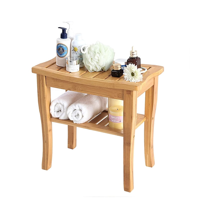 Bamboo Shower Bench Seat with Storage Shelf, Shower Chair Seat Bench