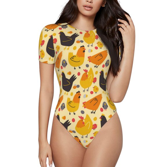 Haiem Funny Chicken Women's Crew Neck Short Sleeve Bodysuit Tops Stretchy Slim Basic-Small