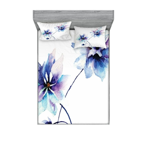 Ambesonne Floral Fitted Sheet & Pillow Sham Set, Retro Flowers Watercolor, Full, White Purple Blue