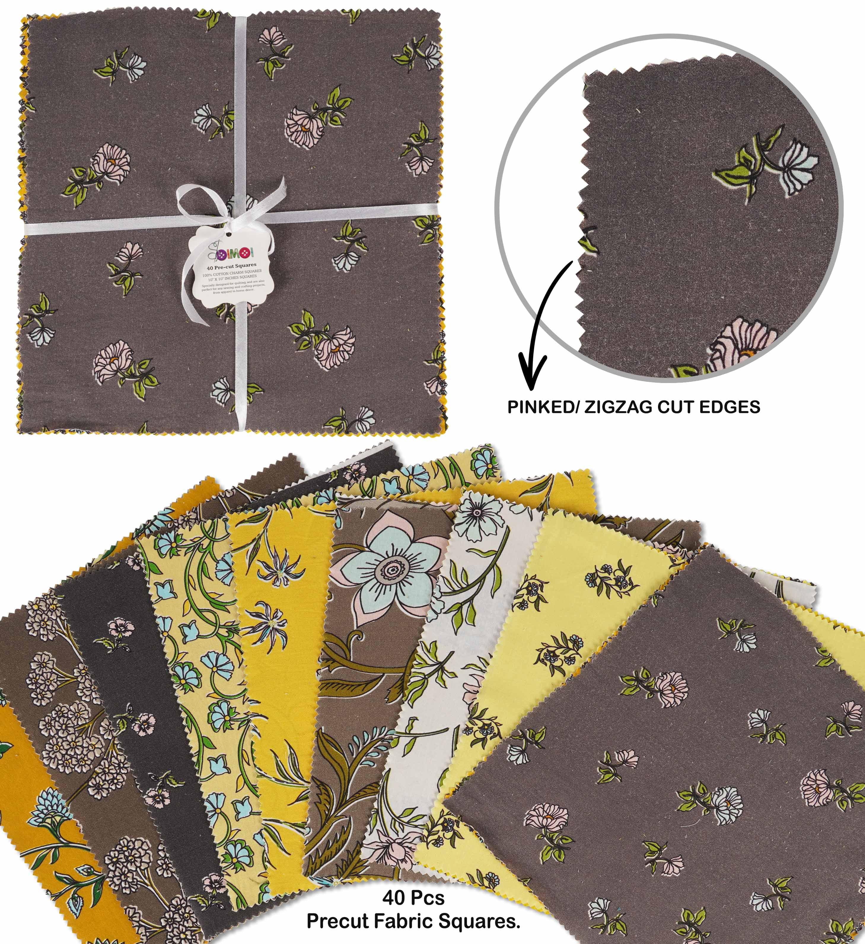 Soimoi Precut 10-inch Asian Floral Prints Cotton Fabric Bundle Quilting Squares Charm Pack DIY Patchwork Sewing Craft- Gray & Yellow