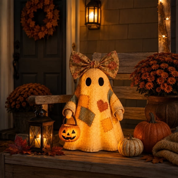 Lighted Vintage Patchwork Ghost, Outdoor Indoor Halloween Lighted Decor, Retro Quilted Ghost with Pumpkin Candy Bucket