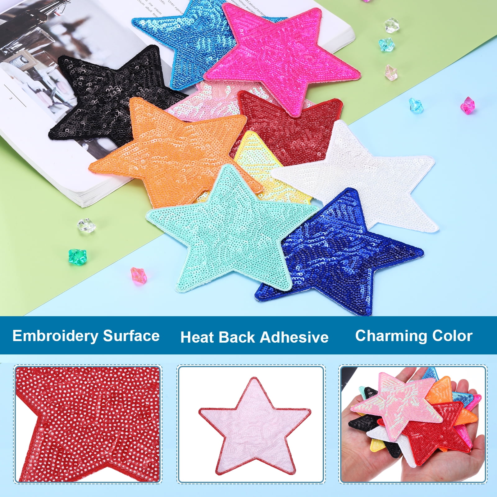 20 Pcs Sequin Star Iron on Patches 5 x 4.7 Inch Embroidery Sequin Patches for Clothing Repair Backpack Shoes Decoration 10 Assorted Color