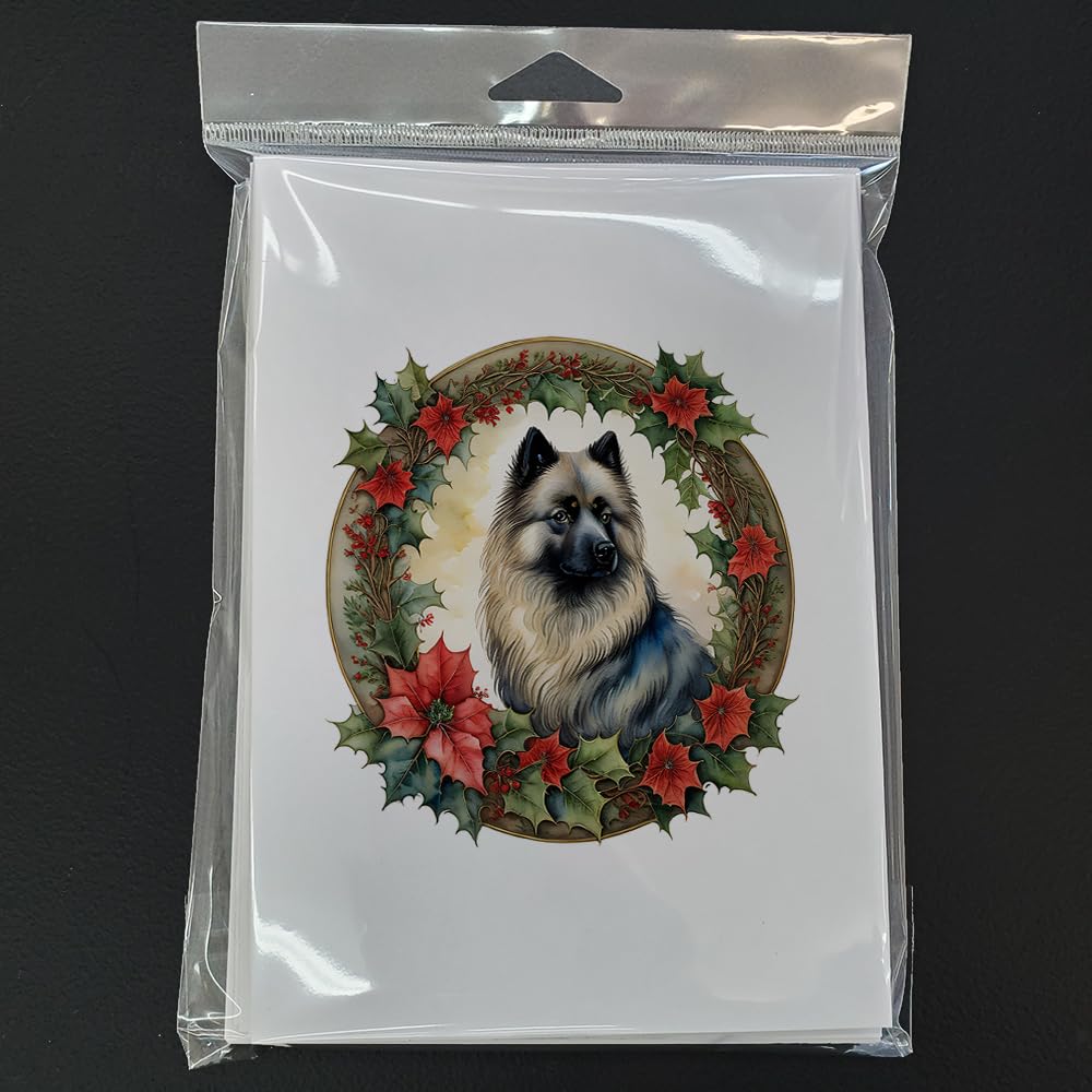 Keeshond Christmas Flowers Greeting Cards Pack of 8 7 in x 5 in