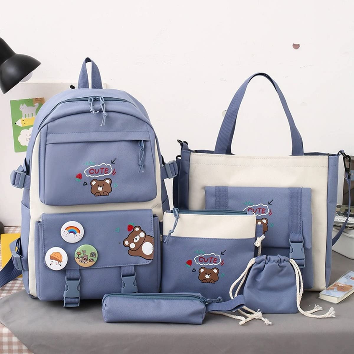 5Pcs Kawaii Cute Backpacks Combo Set with Bear Pendant & Pins - Back To School Supplies Japanese Anime Student Daypack Bag Kit with Tote