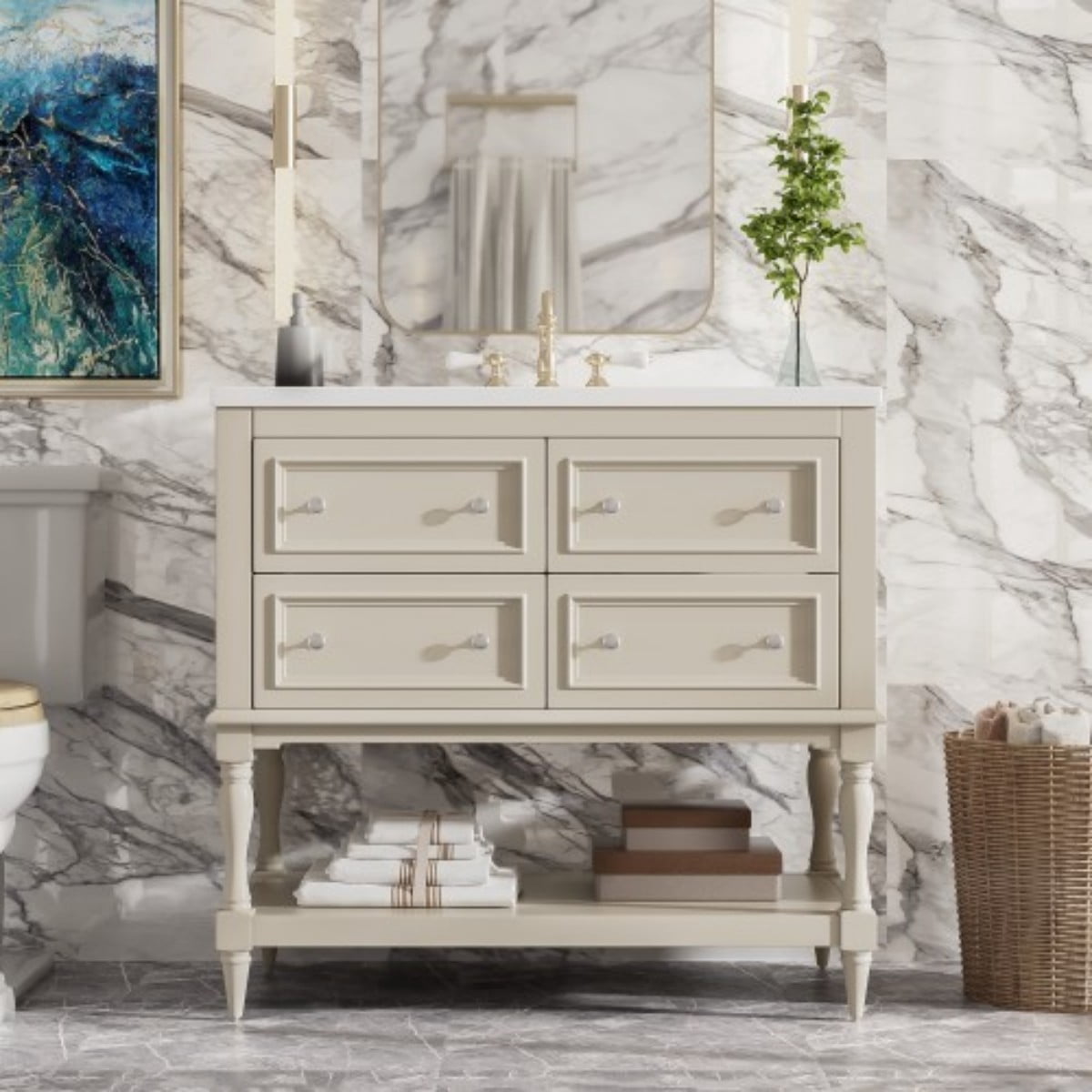 36" Bathroom Vanity with Sink, Freestanding Bathroom Vanity Cabinet with Undermount Ceramic Sink, Solid Wood Frame, 4 Drawers, Large Storage Shelf, Beige