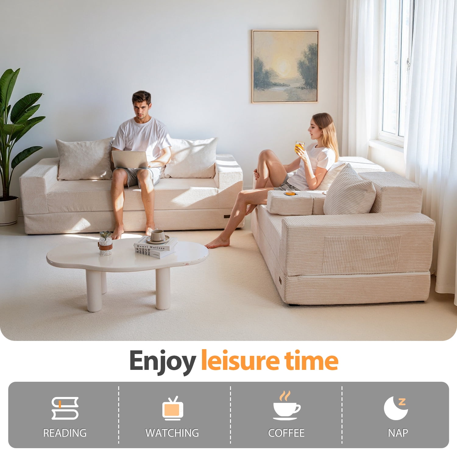 BYBYME Convertible Sofa Bed,Folding Lounger 4-in-1 Boneless Sofa with 2 Pillows and Cup Holder,Floor Sofa for Small Spaces Such as Living Rooms,No Assembly Required,Loveseat,Beige