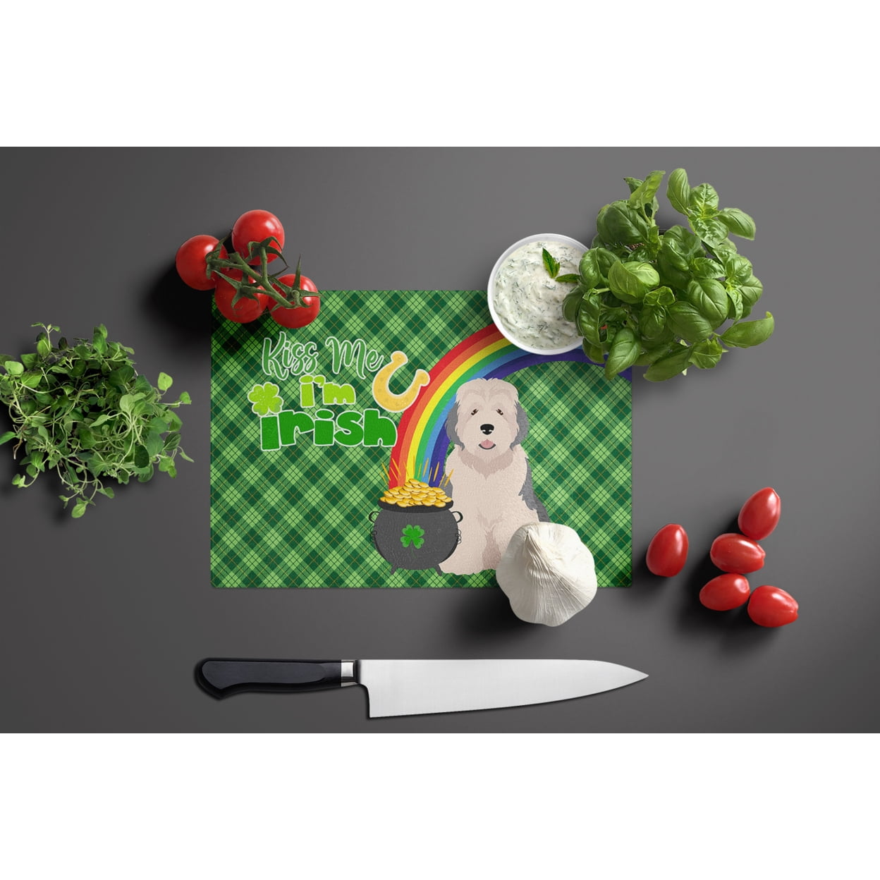 Old English Sheepdog St. Patrick's Day Glass Cutting Board Large 12 in x 15 in
