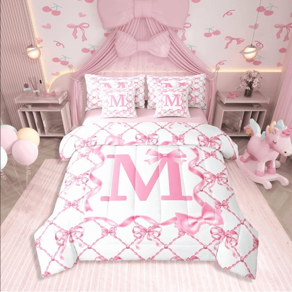 Manfei Kawaii Bowknot 7pcs Bedding Comforter Set,Letter Personalized Queen Bedding Sets Super Cozy,Geometric Grid Queen Sheet Sets,Ultra Soft Teens Bedroom Decor,Reversible