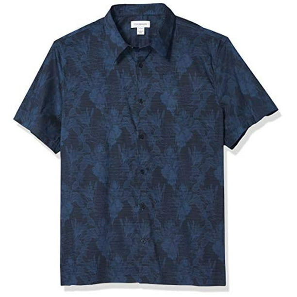Calvin Klein Men's Short Sleeve Button Down Stretch Cotton Shirt, Blue,  Large 