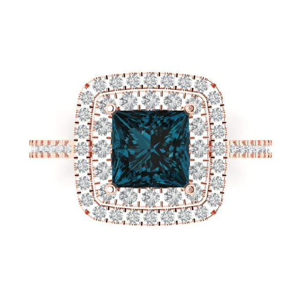 Halo Engagement Ring for Women - 2.07ct Natural London Blue Topaz in 18K Rose Gold Promise Ring