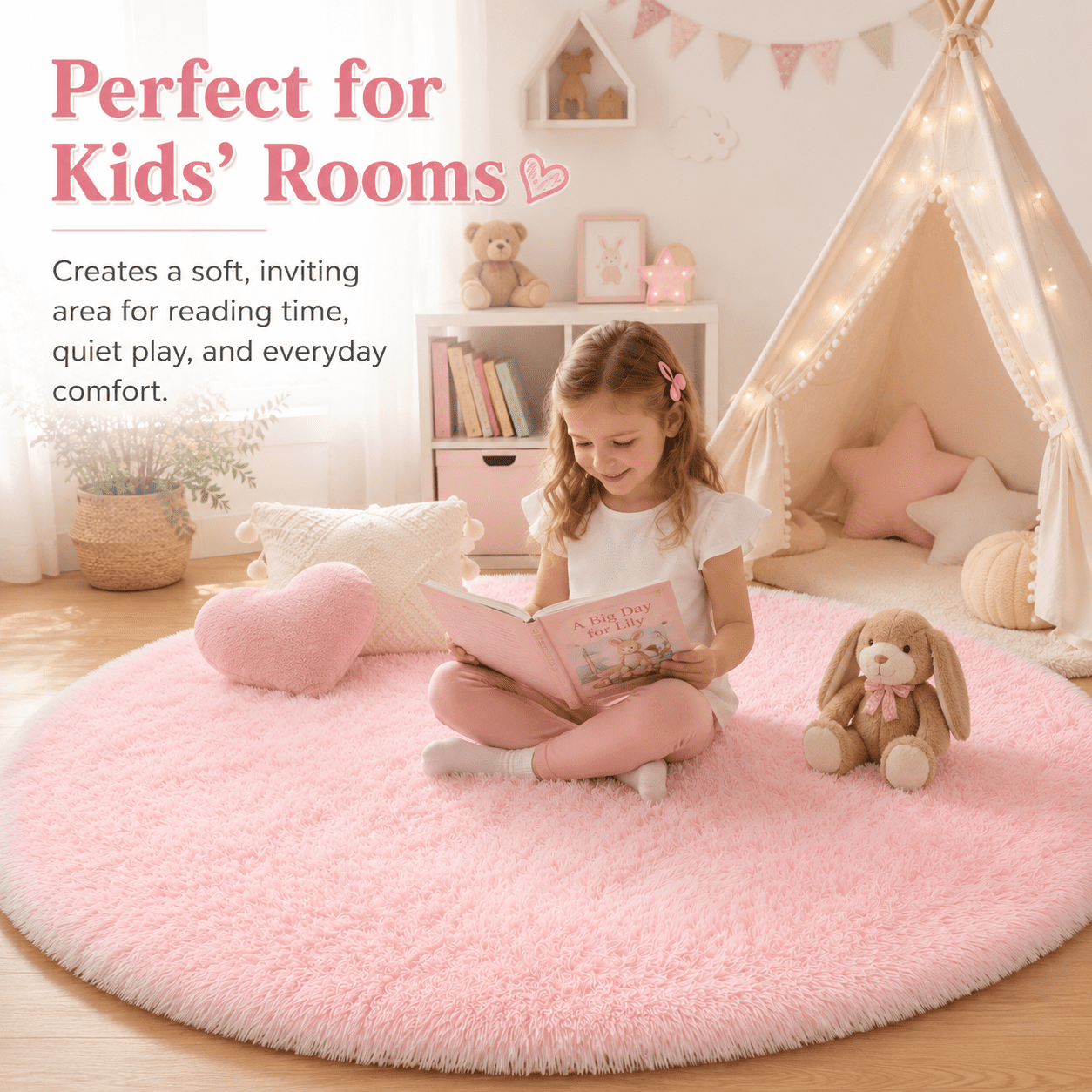 Sanmadrola Round Area Rug for Bedroom Fluffy Circle Rug 5.2'X5.2' for Kids Room Furry Carpet for Girls Bedroom Shaggy Circular Rug for Nursery Room Fuzzy Plush Rug Dorm Cute Room Decor for Baby Pink