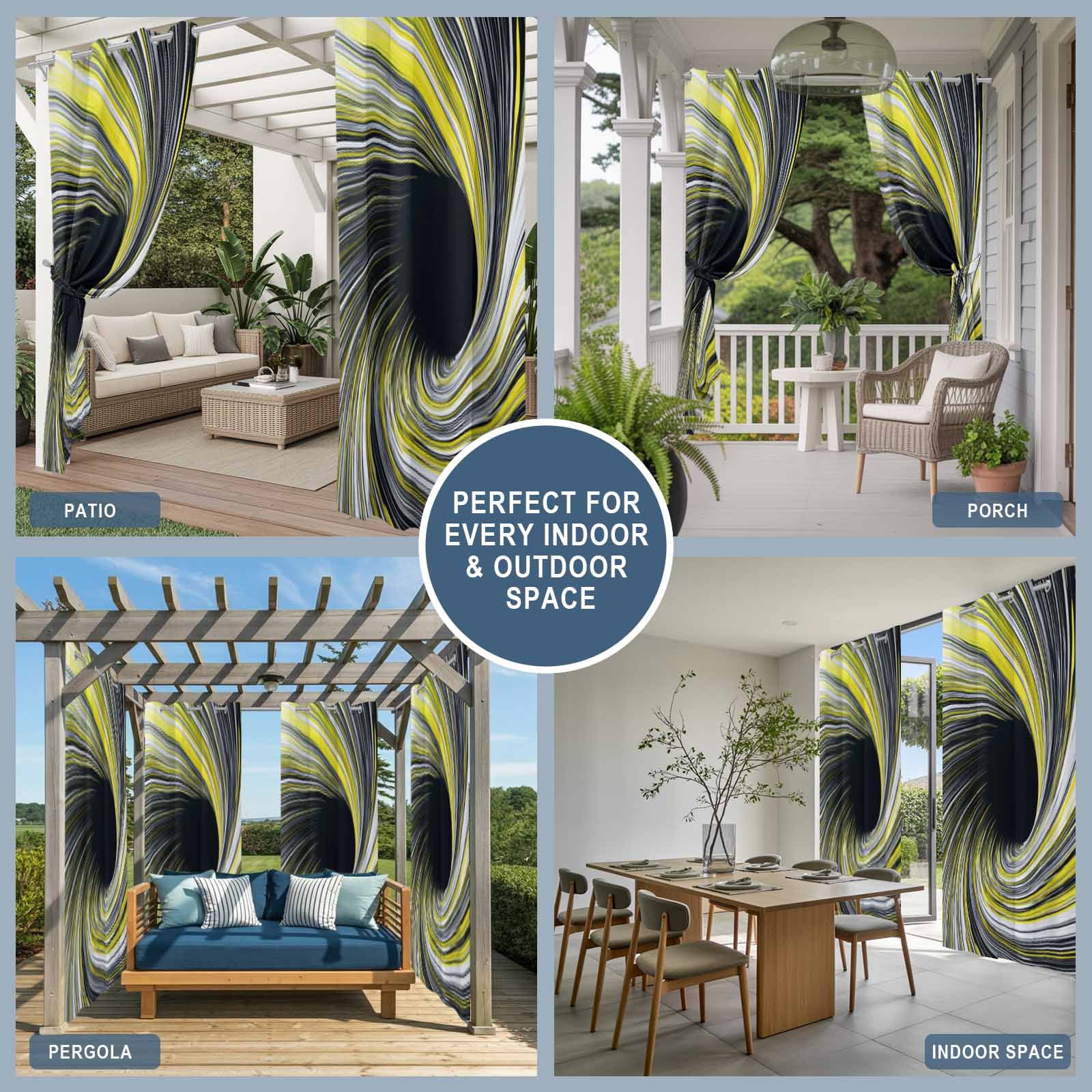 Abstract Swirling Vortex Outdoor Curtains for Patio, Yellow Gray Spiral Lines Dynamic Sunshade Privacy Drapes Grommet Waterproof Outside Curtains for Porch/Cabana/Balcony 54"x 108", 1 Panel