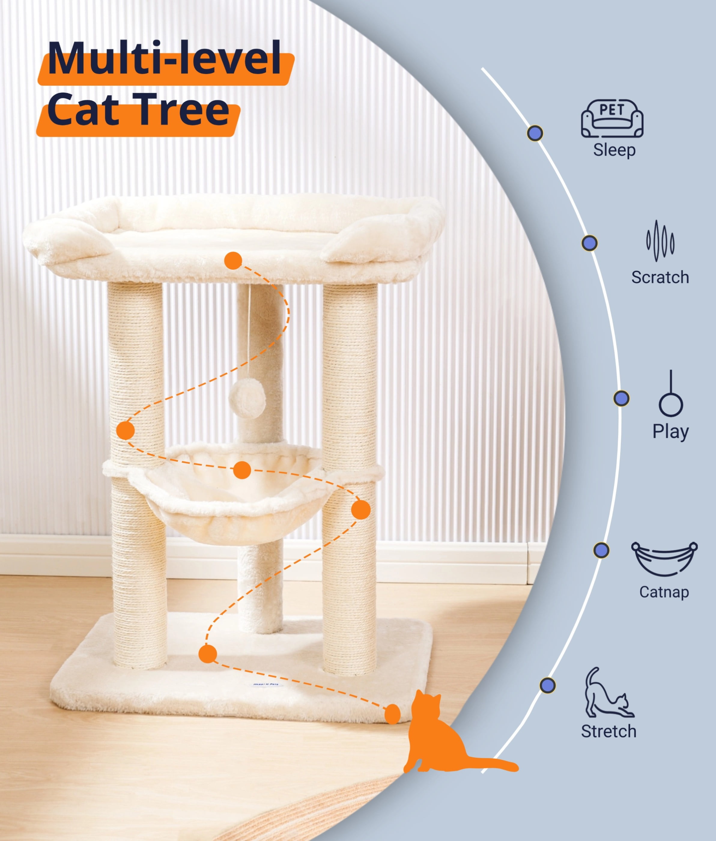 Happi N Pets 28" Cat Tree Tower, Tall Cat Scratching Post with Perch for Window Viewing, Large Bed for Big Cats, Cat Tower with Hammock, Removable Cover-Beige