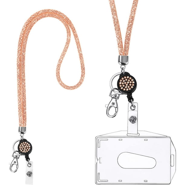 Cordón de collar de cristal, llavero brillante, porta credencial transparente con cordón de cristal retráctil y porta credencial, para tarjeta de presentación, tarjeta de autobús