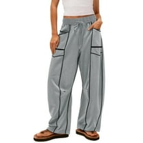 Hearthz Womens Baggy Barrel Pants High Waisted Wide Leg Baggy Sweatpants Drawstring Waist Contrast Patchwork Palazzo Pants for Women W/pockets
