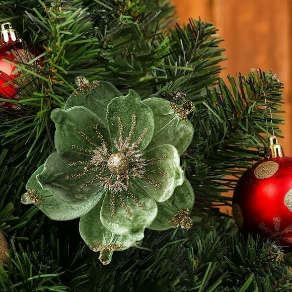 Uuiauoio Glitter Magnolia Stem Christmas Tree Decoration Realistic Floral Wreath Accent for Holiday Home Party Festive Decor