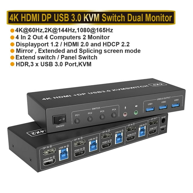 4 Port USB 3.0 KVM Switch 4X2 Dual Monitor 4K@60Hz Extended Display DP KVM Switch 4 In 2 Out For 4 PC Share Keyboard Mouse