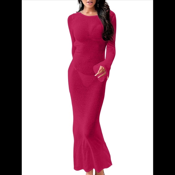 Vestido de Crochet para Mujer, de Larga, de y Espalda Abierta, Tejido de Punto Vino Tinto M