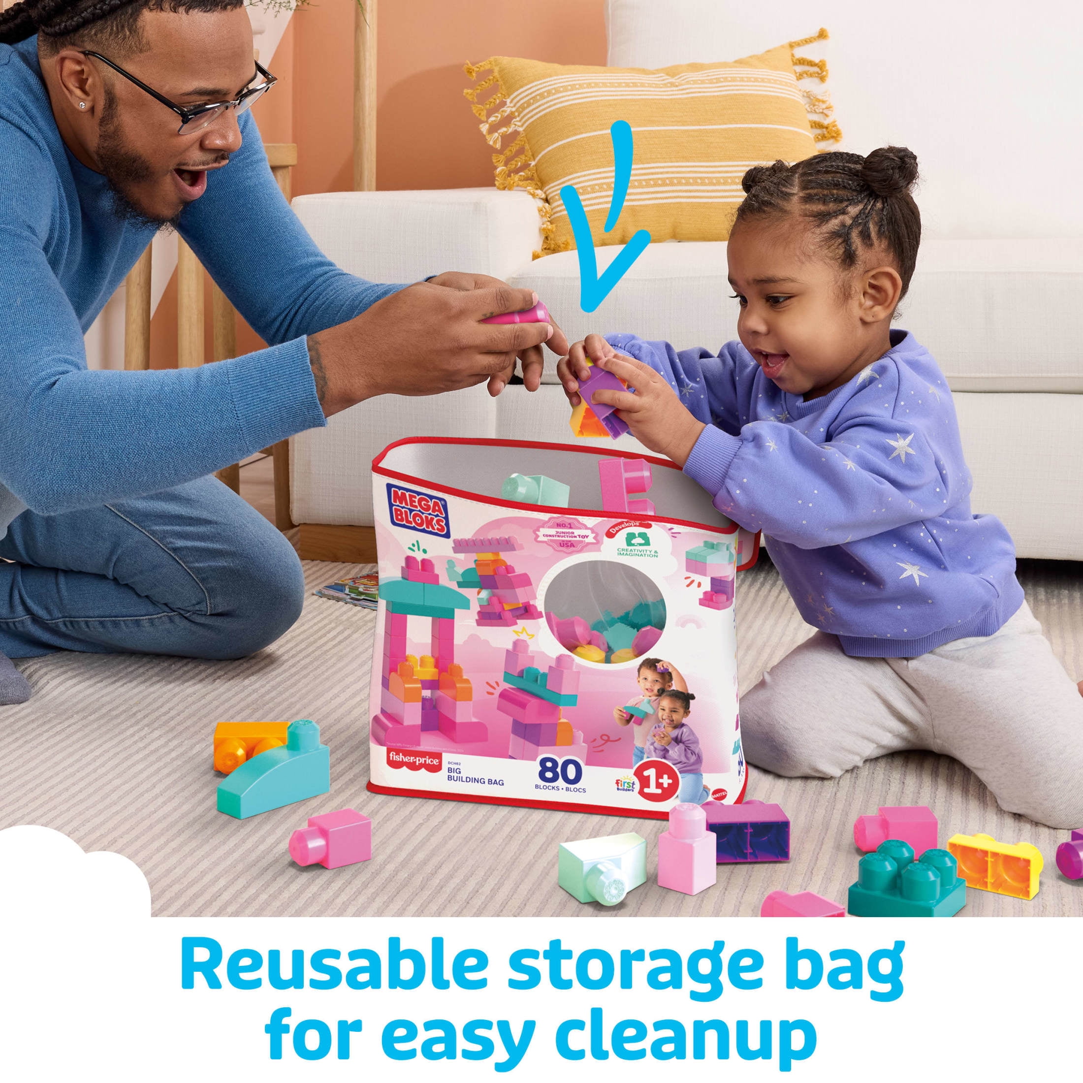 MEGA BLOKS Fisher-Price Toy Blocks Big Building Bag with Storage (80 Pieces) for Toddler, Pink