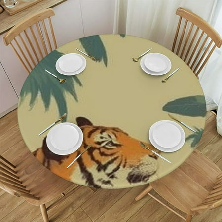 

SHERONV Tiger Palm Trees Round Table Cover Stain Resistant Washable Kitchen Dining Parties 100% Polyester Outdoor Picnic Camping Indoor Kitchen Dining Party Home Kitchen Holiday Dinner Decor 31 -35