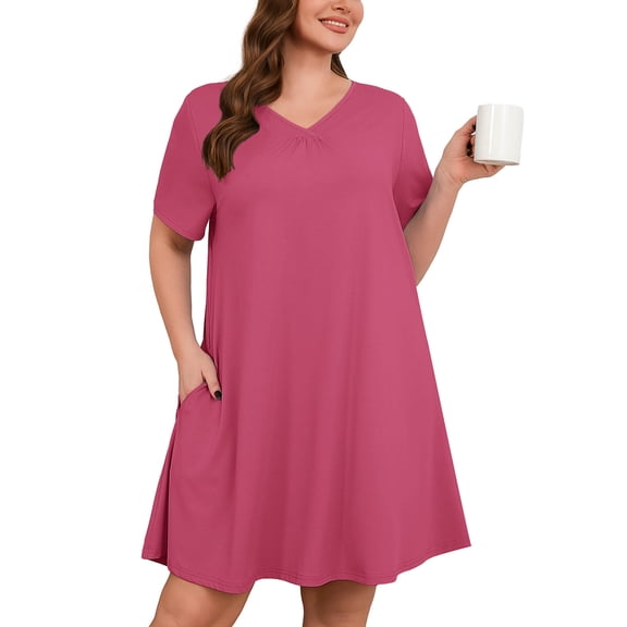SHOWMALL Nightgowns for Plus Women Soft Short Sleeve Pajama Dress with Pockets for Sleep NightPurple Red 3X