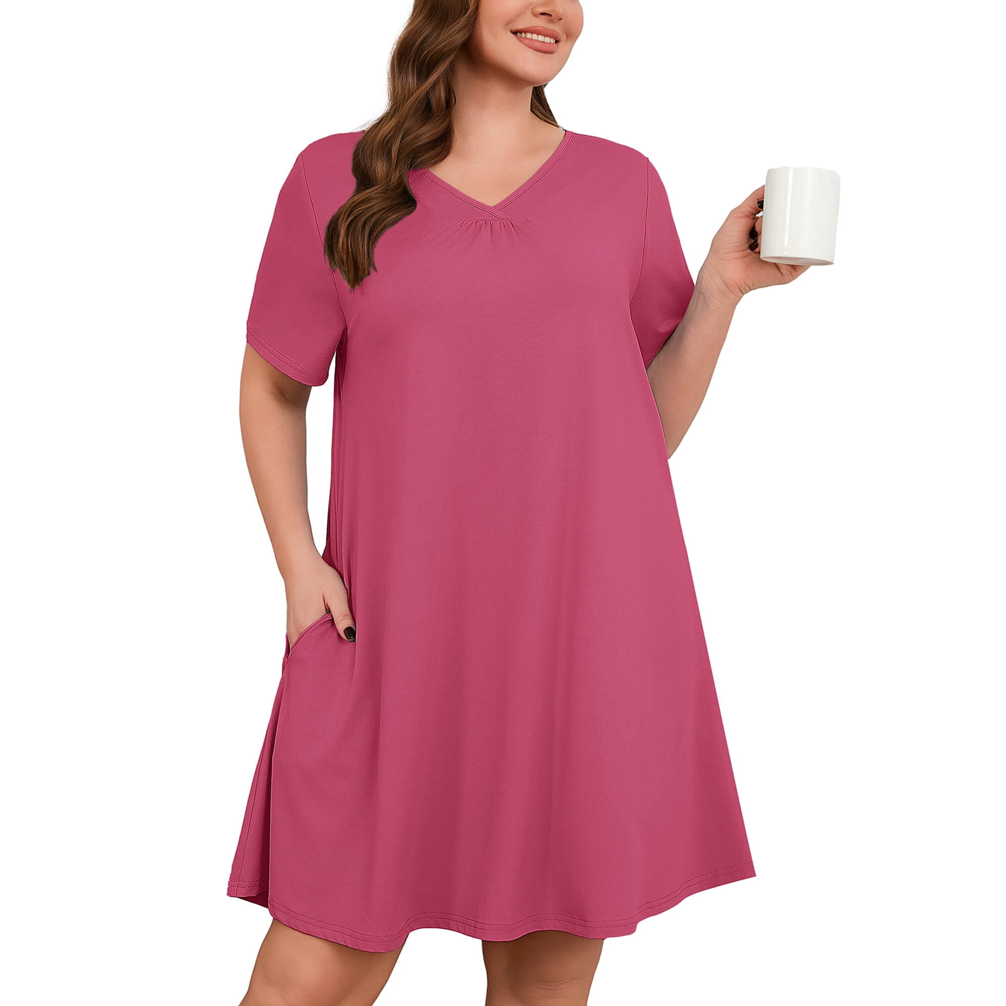 SHOWMALL Nightgowns for Plus Women Soft Short Sleeve Pajama Dress with Pockets for Sleep NightPurple Red 3X